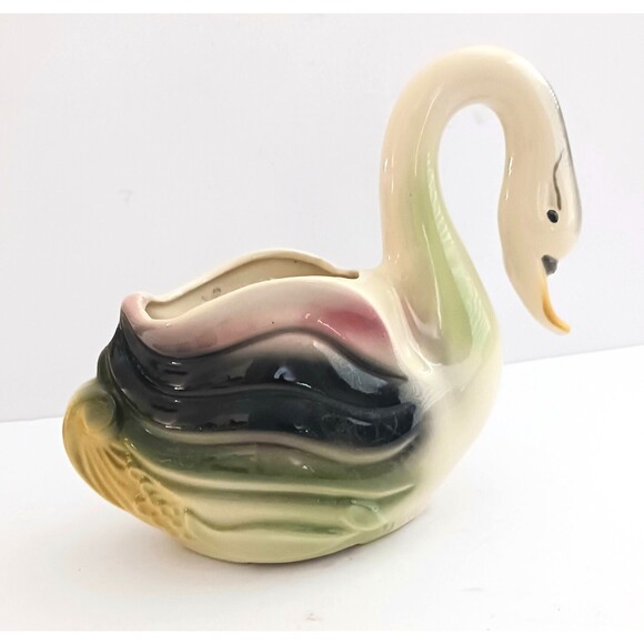 VTG  Mid Century Swan Planter Ceramic Made in USA Green/Pink/Blk  Paint Wash - Picture 11 of 12